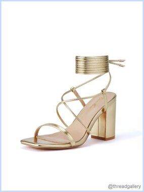 Women's Lace Up Chunky Block Heel Square Toe Sandals Ankle Wrap Dress Shoes